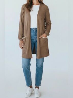 NWT PERCH BY BLU PEPPER Women's Open-Front Ribbed Long Cardigan - Brown